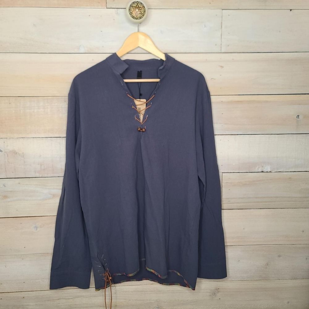 JEMITOP Boho Men's Navy Blue Ghillie Neckline Pirate Renaissance Shirt Large NWT